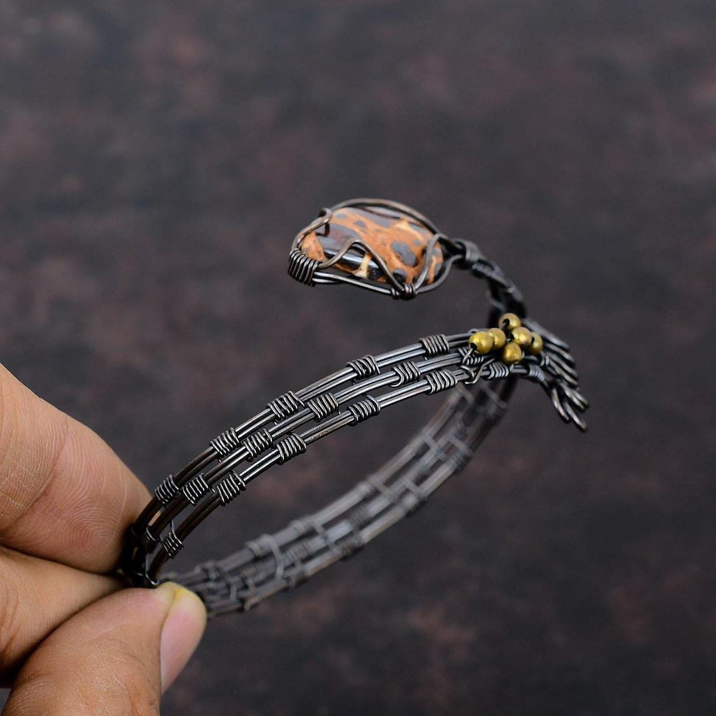 Bauxite Bangle Gemstone Bracelet Copper Wire Wrapped Adjustable Cuff Bracelet Copper Wire Wrap Jewelry Gift For Mom Handmade Designer Bangle