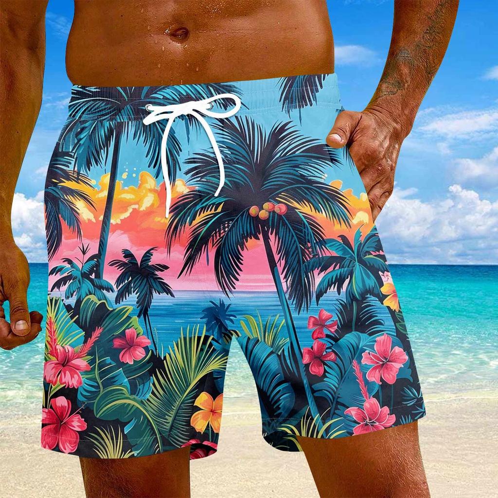 Men's Fashion Hawaiian Print Elastic-Waisted Casual Yoga Pants Beach Shorts