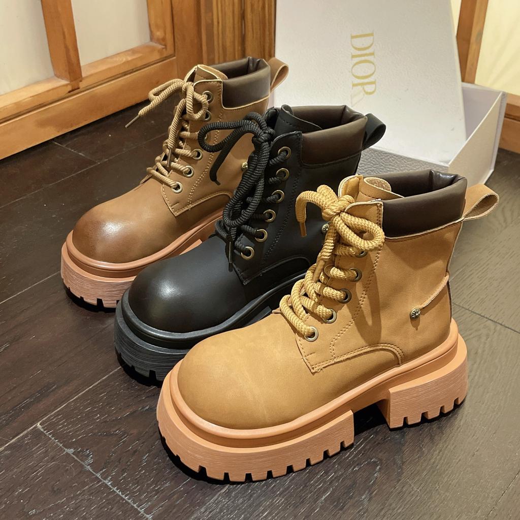 New Retro Platform Leather Ankle Boots for Women Designer Autumn Winter Women's Work Shoes Designer Motorcycle Boots Female