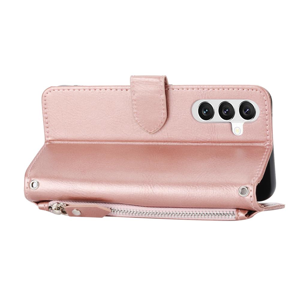 For Samsung Galaxy S26 Case Zipper Pocket Leather Phone Cover with Crossbody Shoulder Strap
