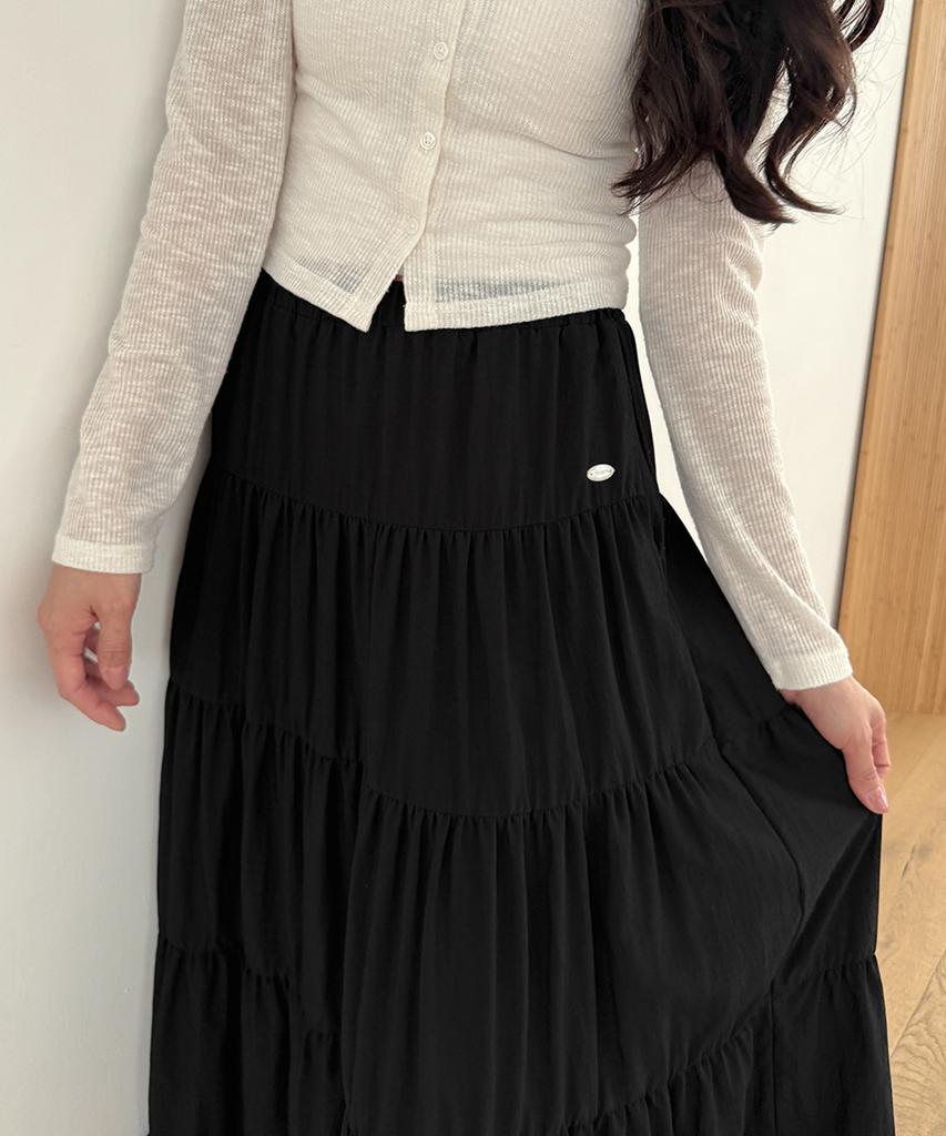 Moyora Frill Tiered Flare Long Skirt [Black]
