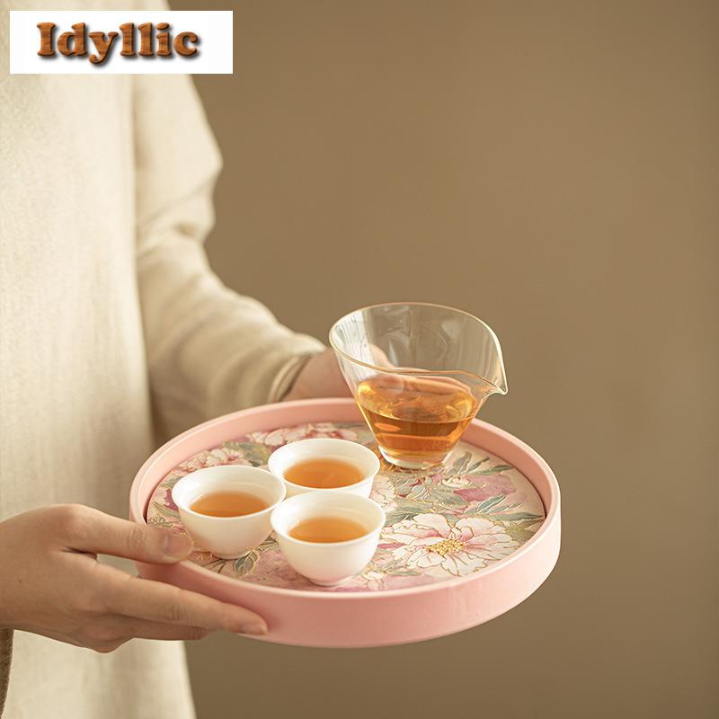 Embossed Gold-stamped Peony Tea Tray Cake Rack Coffee Storage Board Teapot Stove Insulation Dishes For Serving Chinese Tea Set