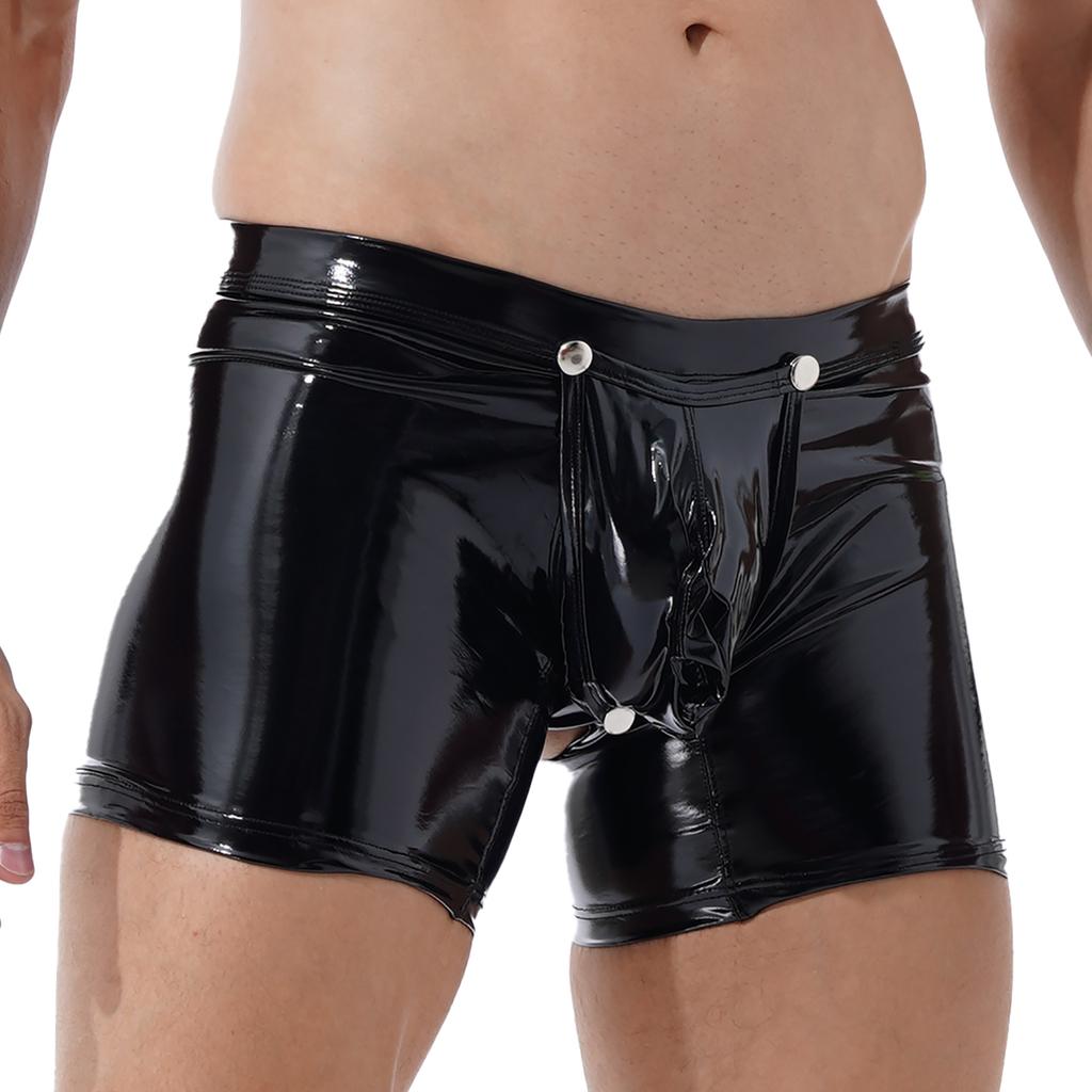 Men Underwear Shiny Metallic Latex Lingerie Erotic Open Butt Boxer Shorts Removable Bulge Pouch Shorts Underpant Boxer Underwear