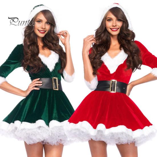 Платье для рождественского представления с пышным краем, капюшоном, V-образным вырезом и поясом, подходящего цвета, А-силуэта, с большим подолом, праздничный сценический костюм для косплея, новогодняя вечеринка, мини