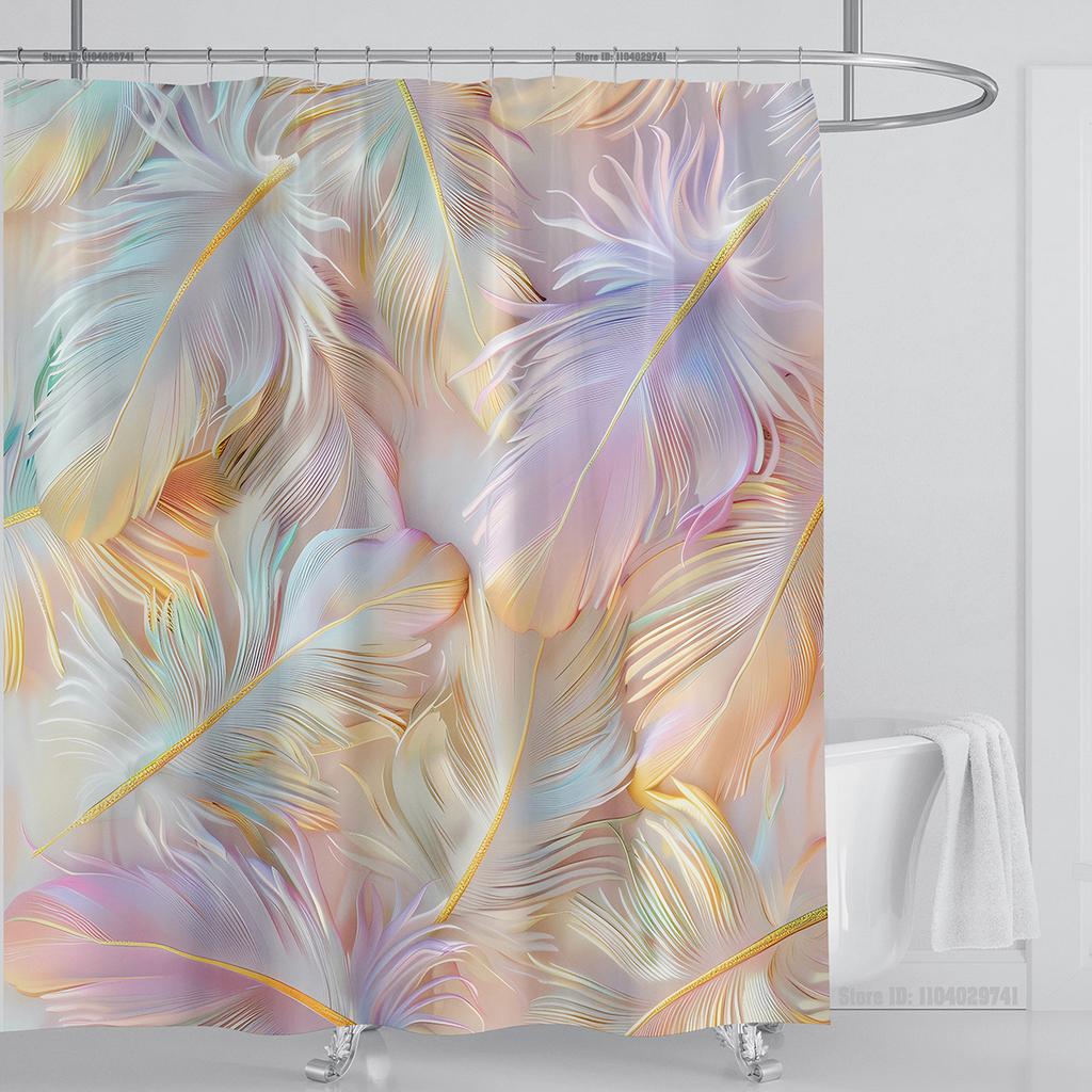 3D Feather Shower Curtain Set Colorful Printed Design Fabric Bathroom Decoration Waterproof Washable Shower Curtain with Hooks