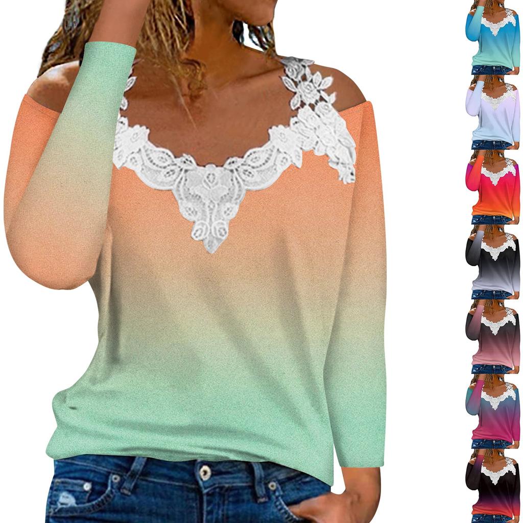 Модный кружевной пуловер с V-образным вырезом, длинный рукав, градиентный принт, повседневная футболка