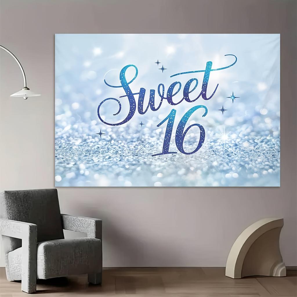 1 Sweet 16th Birthday Background Banner - Sparkling Starlight and Blue and White Grass Script Design