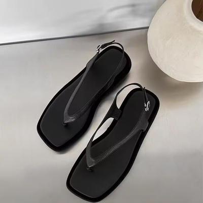 2025 губчатая подошва весна новые женские туфли черные водонепроницаемые на платформе сандалии на плоской подошве квадратный носок шлепанцы-елочки