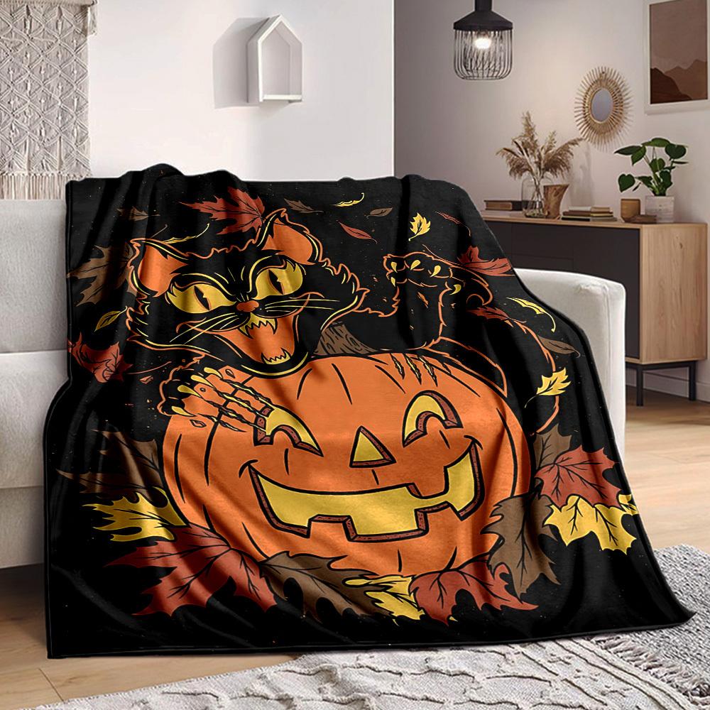 1pc Pumpkin Cat Blanket, Lightweight Flannel Throw Blanket for Sofa, Bed, Travel, Camping, Living Room, Office, Couch017