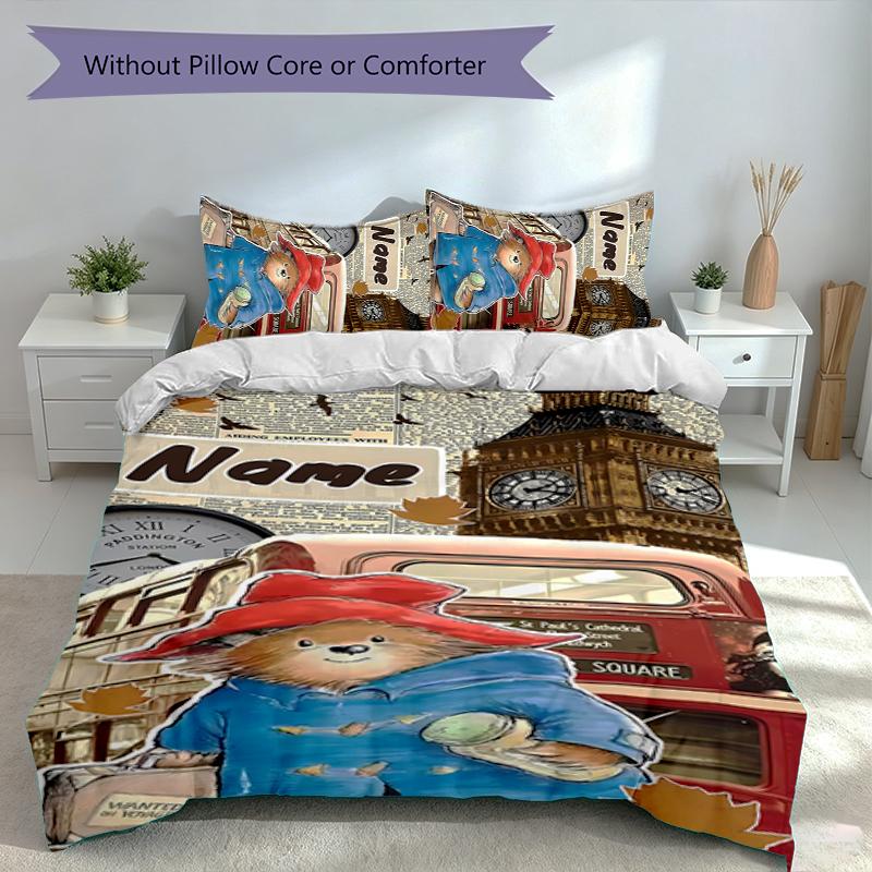 3pcs Custom Name Paddington Bear Bedding Set,Includes 1 Duvet Cover and 2 Pillowcases,All-season Bedroom Decor
