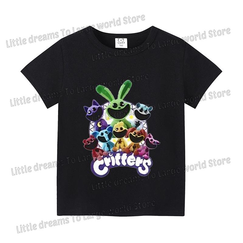Футболка Smilings Critters для детей с принтом мультяшных персонажей, одежда с коротким рукавом, детская летняя, белая, черная основа, повседневные топы
