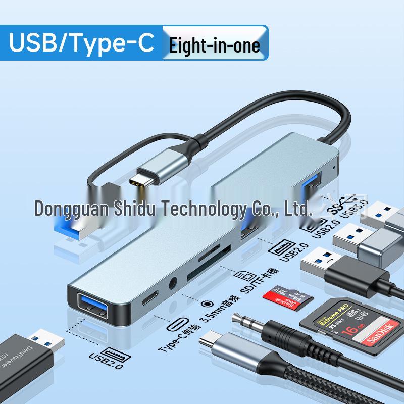 Dual-Head 8-in-1 USB Hub Docking Station with Card Reader, 3.5mm Audio, and Type-C for Mobile and Laptops