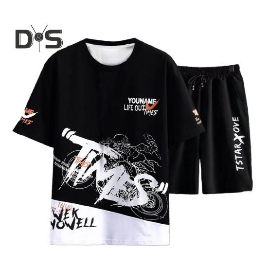 Мужской комплект летней спортивной одежды из 2 шт./компл., футболка с коротким рукавом и эластичным шнурком на талии, широкие шорты, комплект, повседневная одежда с буквенным принтом