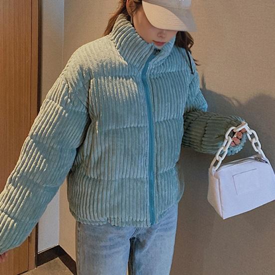 Women's Winter Jacket Corduroy Puffer Short Down Jacket Warm Quilted Cotton Coat Stand Collar Outerwear for