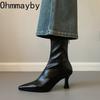 Осень Зима Женские Ботильоны с Острым Носком, Обувь на Молнии, Уличный Стиль, Толстый Высокий Каблук, Современные Короткие Ботильоны