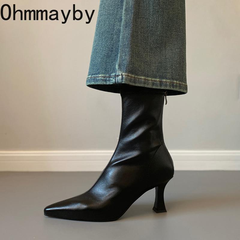 Осень Зима Женские Ботильоны с Острым Носком, Обувь на Молнии, Уличный Стиль, Толстый Высокий Каблук, Современные Короткие Ботильоны