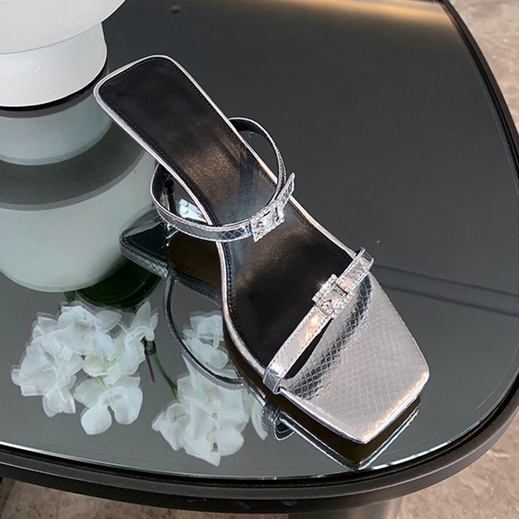 Fashion Silver Serpentine Buckle Belt Slippers Woman High Heels Stilleto Slides Shoes Ladies Narrow Band Sandalias Femme Party Flipflops