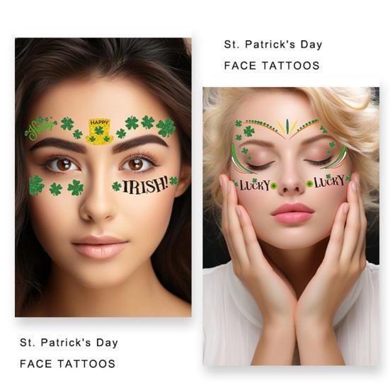 10 Pcs St. Patricks Day Face Tattoo Stickers Shamrock Pattern Shiny Sequin Waterproof Green Hat Temporary Tattoo Clover Costume Party Decor Supplies