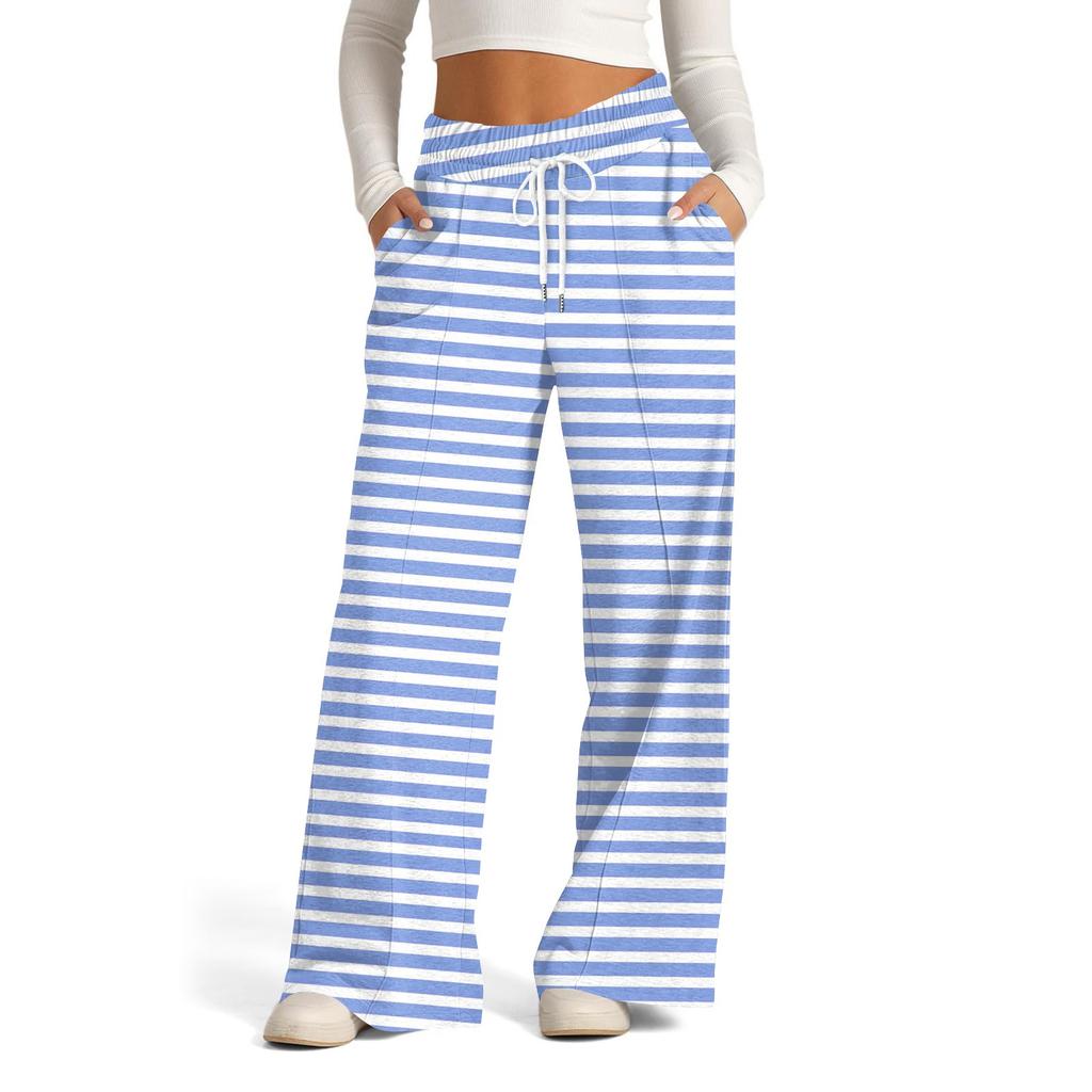 Women's Wide Leg Casual Pants High Waist Striped Sports Pants