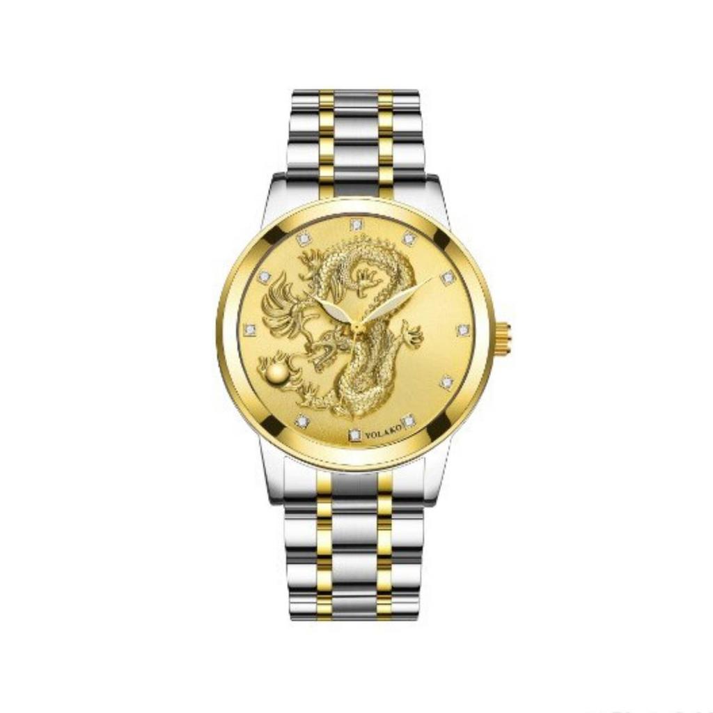 Luxury Round Quartz Rhinestone Dragon Dial Casual Wrist Watches Stainless Strap Fashionable Clock Waterproof Wristwatch for Men