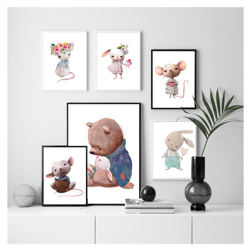 Медведь, настенная живопись на холсте, плакаты на скандинавскую тему и принты, настенные панно, декор для детской комнаты, цветок, кролик, друг, объятие, лиса, мышь