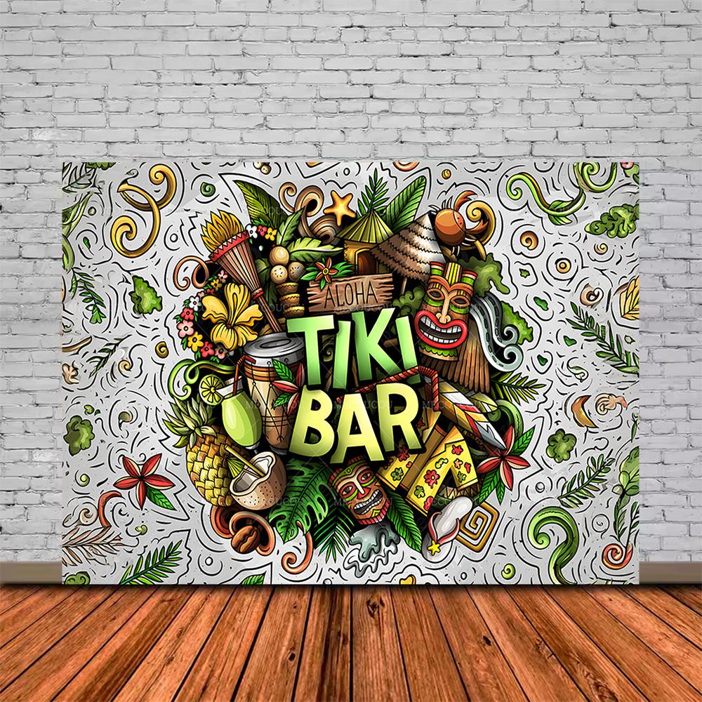 Tropical Tiki Bar Photography Backdrop Flower Totem Banner Hawaii Seaside View Background Baby Shower Kids Birthday Party Decor