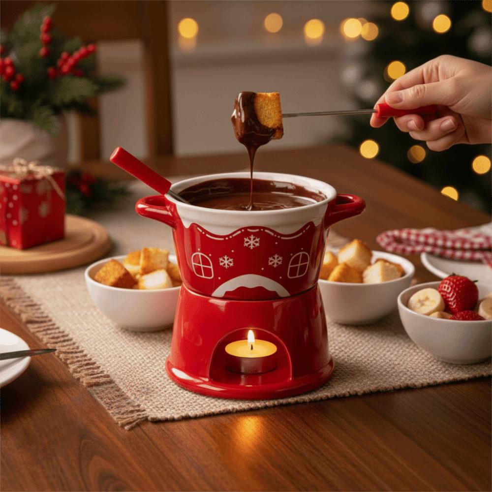 Ceramic Christmas Chocolate Fondue Cup Double Handle Butter Warmer Pot Dinning Table
