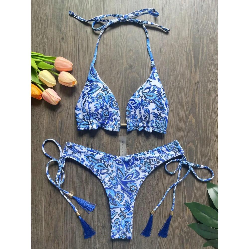 Сексуальный сине-белый фарфоровый принт Комплект бикини Женский купальник Купальный костюм из двух частей Бразильские бикини