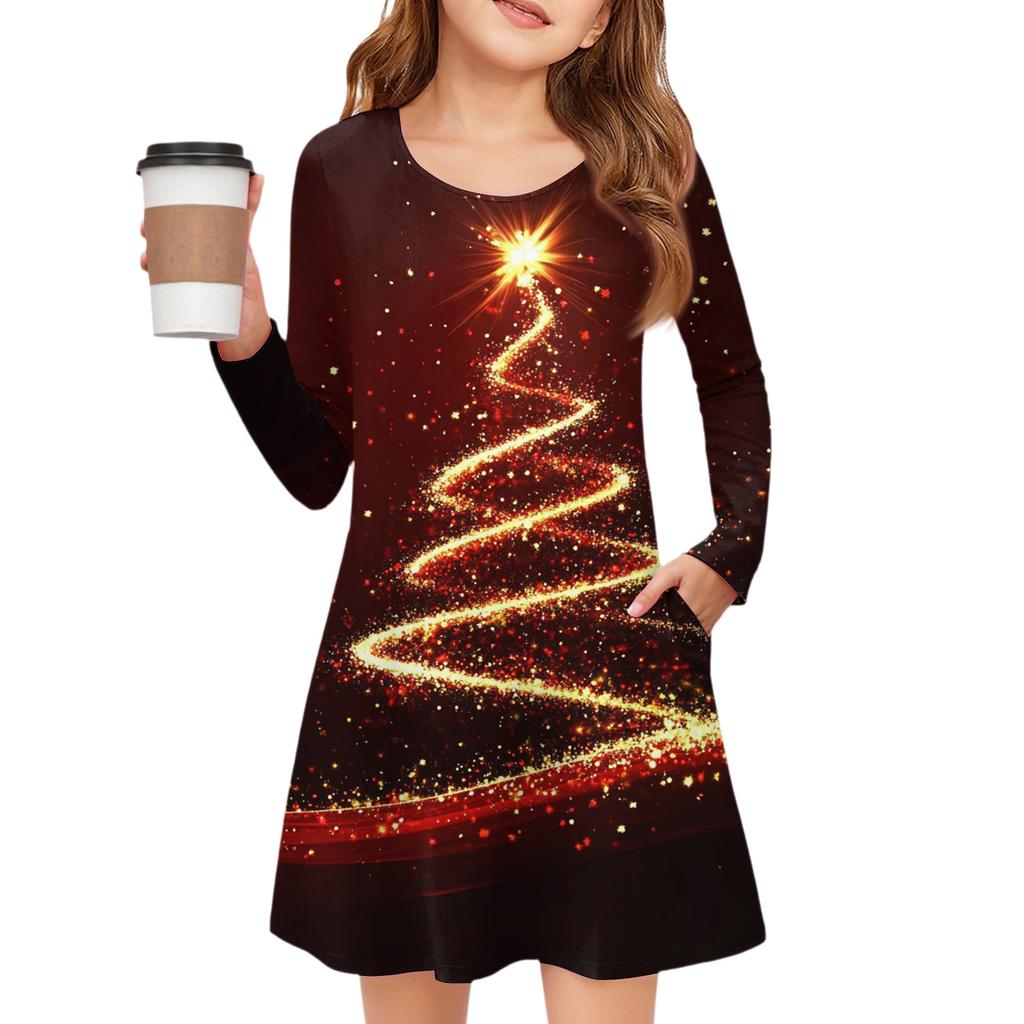 Christmas Day Girls' Long Sleeve Dress - Color Pocket Dress