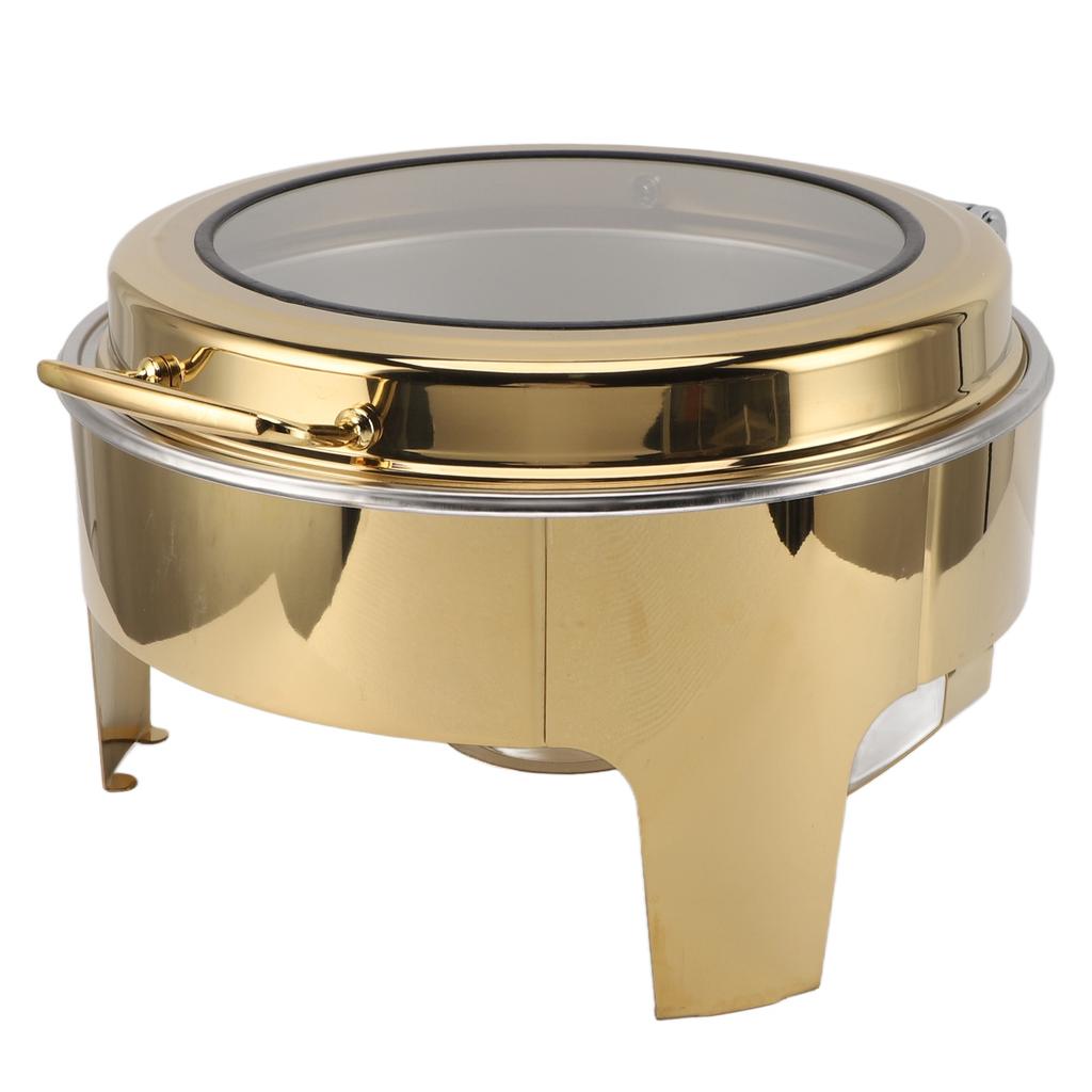 Круглый шведский стол, жаровня, золотистый, визуальный, откидная крышка на 90 градусов, нержавеющая сталь, 6 л, подогрев для алкоголя, шведский стол