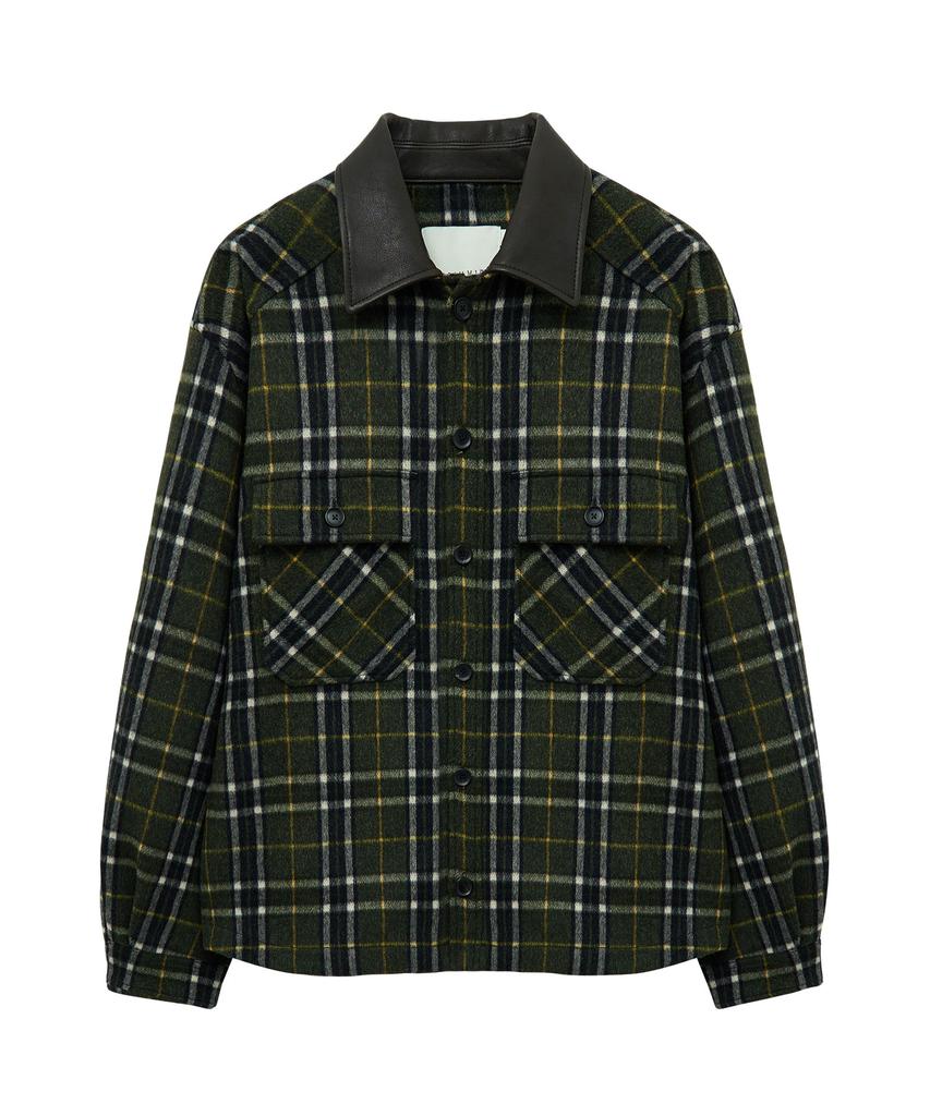 Ungimmick Leather Collar Check Wool Shirt Jacket (Olive)