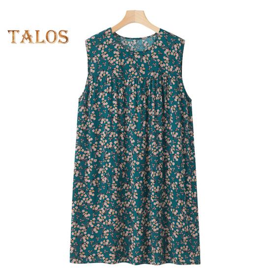 Женская свободная ночная рубашка без рукавов, повседневная сорочка, плиссированное платье для сна, летняя домашняя одежда с круглым вырезом и принтом