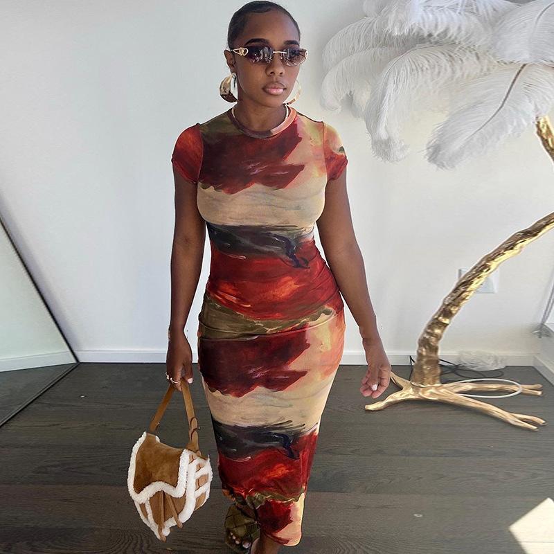 Европейский и американский стиль модный принтованный круглый вырез пуловер юбка с короткими рукавами с запахом бедра, элегантное повседневное платье