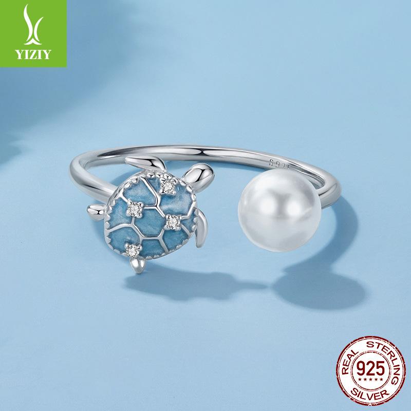 S925 Sterling Silver Turtle Bead Open Ring, Summer Vacation Wind Bead Ring Jewelry