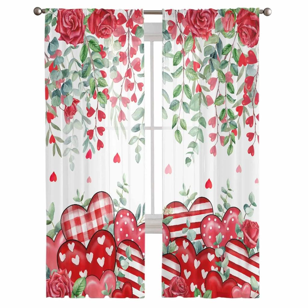 День святого Валентина, красные сердечки, листья, розы, прозрачные шторы для гостиной, кухни, оконные шторы, тюлевые занавески для спальни, вуали