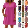 Women's Fashionable Solid Color V Neck Button Short Sleeved Pullover Dress