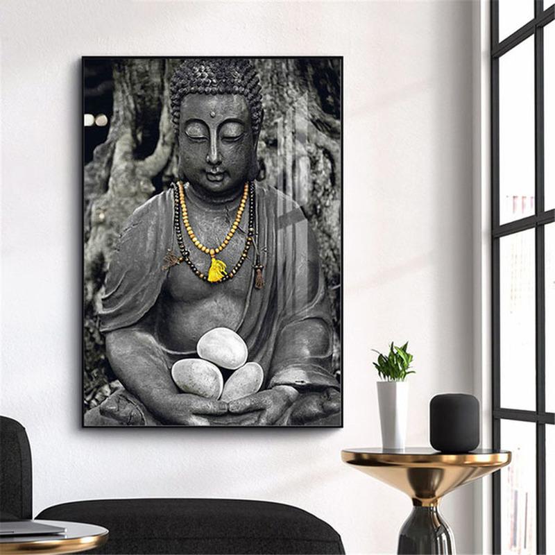 Черная статуя медитирующего Будды, настенная живопись, печать на холсте, картины на холсте, буддийские картины для украшения дома