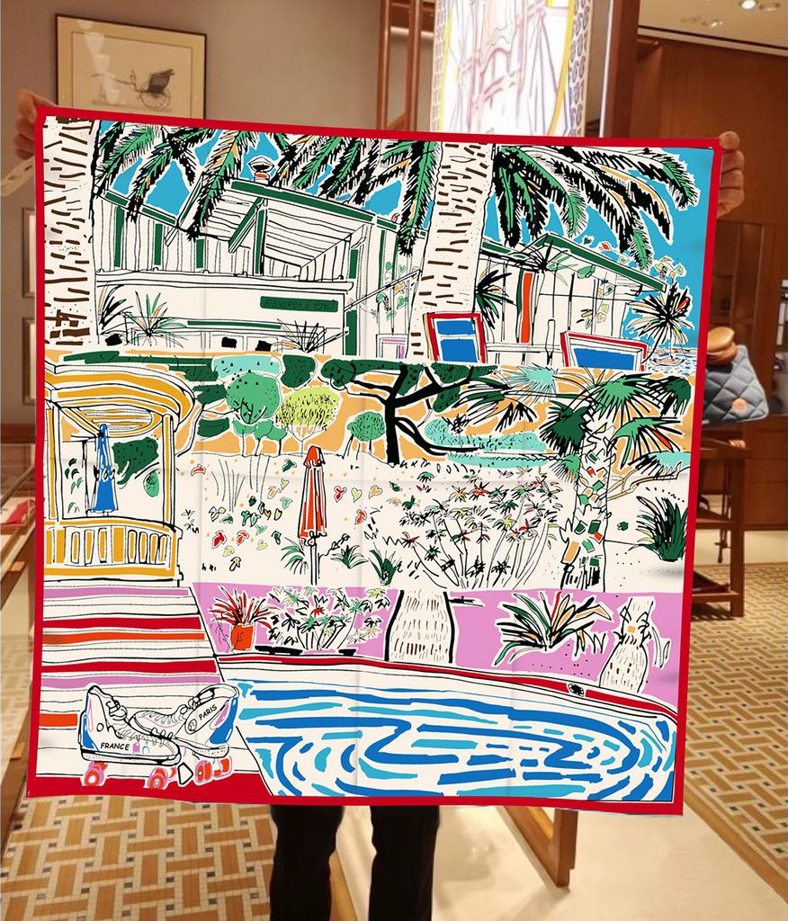 New Design Shawl Ocean Villa Printed Silk Scarf 90CM Square Scarves Lady Wraps Kerchief Woman Neck Shawl Wraps Echarpes