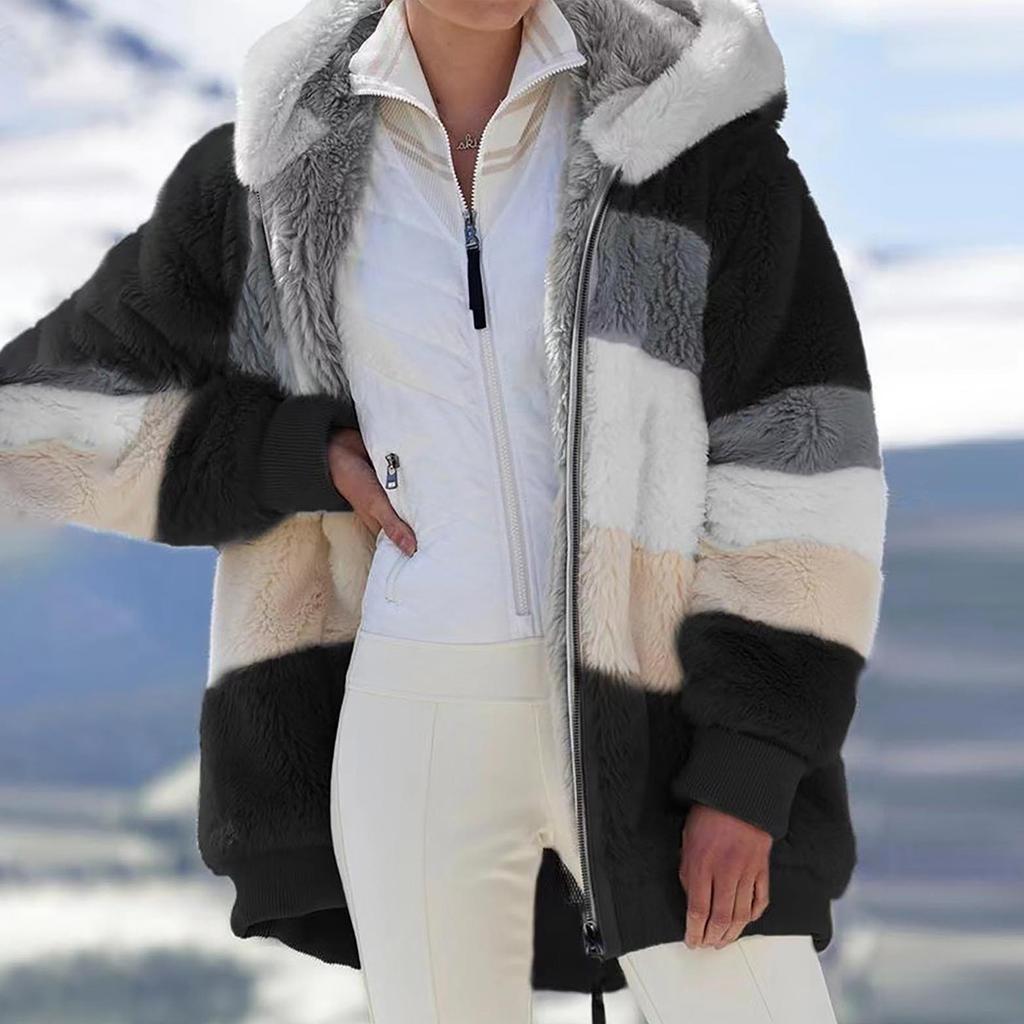 Женское модное зимнее свободное плюшевое пальто с длинным рукавом и карманом на молнии с капюшоном