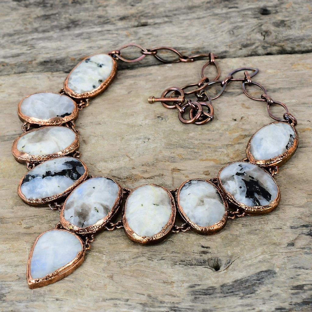 Ожерелье из радужного лунного камня Ожерелье из электроформованной меди Регулируемая цепочка Ожерелье Изысканное ожерелье из драгоценных камней Медные украшения ручной работы для подарка