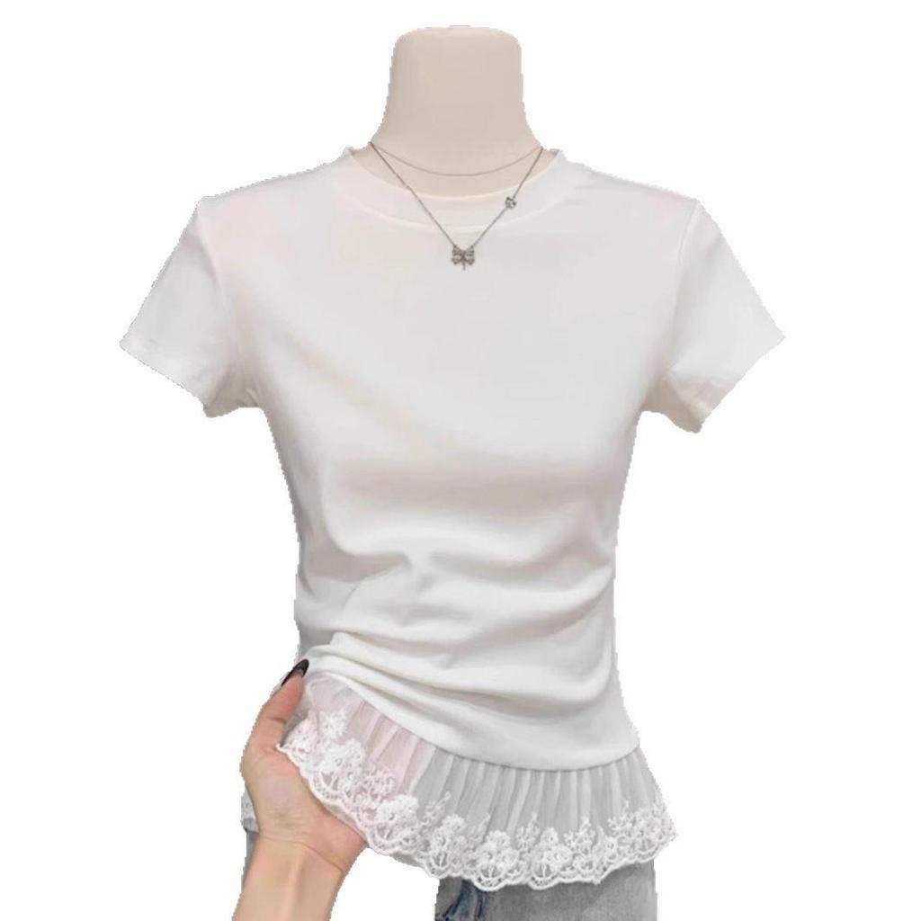 Женская белая футболка с кружевной вставкой и коротким рукавом: Нежный и Стройнящий Весенний Стиль