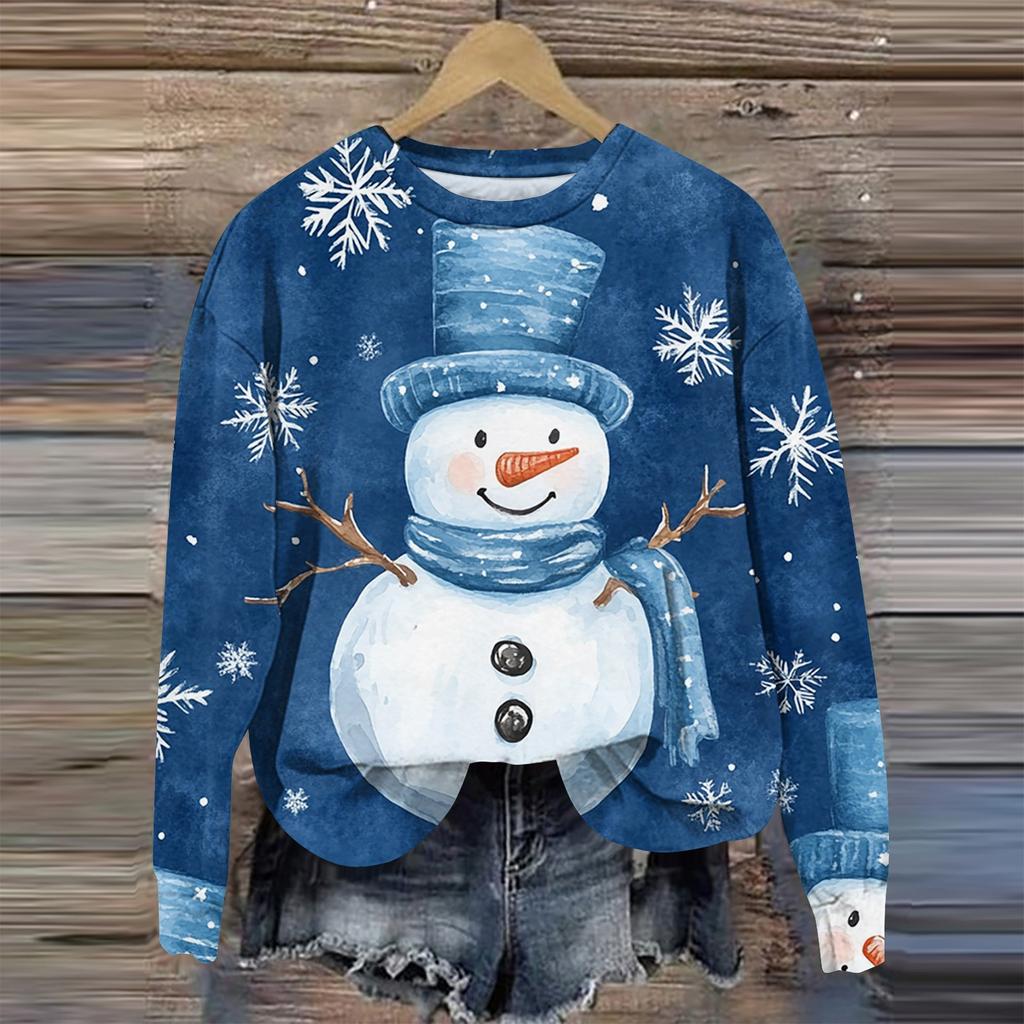 Женская мода круглый вырез пуловер длинный рукав футболка рождественский принт топ