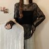Black Thin Slightly Transparent Lace Shirt Long Sleeved T-shirt Women's Summer Plus Size Medium Long Outer Cover Top