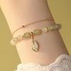 Women Bracelet Faux Jade Smooth Bead Leaf Pendant Double-layered Adjustable Length Rhinestone Lady Bangle Prom Daily Wrist Jewelry