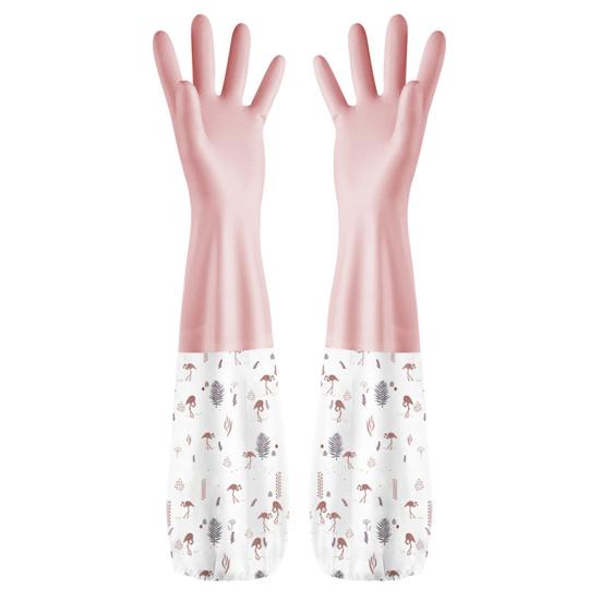 1 Pair Dishwashing Gloves Waterproof Reusable Gloves Patchwork Color Elastic Long Cuffs Household Cleaning Gloves