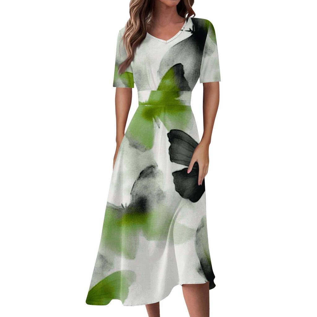 Женская повседневная мода Цветочный (лист) Платье-халат с принтом, V-образным вырезом, короткими рукавами и длинной юбкой-халат