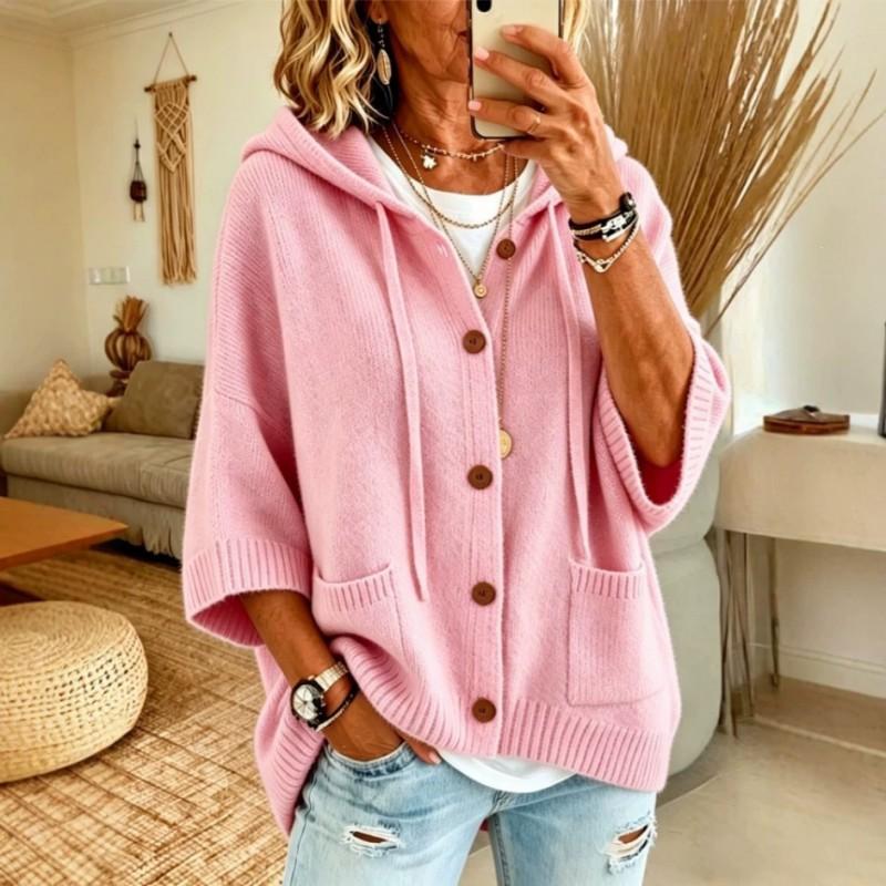 Womens Hooded Knit Cardigan With Drawstring Front Buttons Fall Winter 2026 Casual Batwing Sleeve Sweater