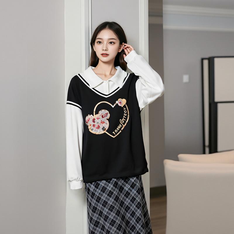 Плюс Размер Женская Осень Новый Дизайн Sense of Niche Splicing Толстовка В Стиле Колледжа