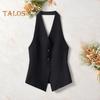 Женский жилет с V-образным вырезом на шее, пиджак на пуговицах с открытой спиной, укороченный жилет без рукавов, винтажный нарядный жилет