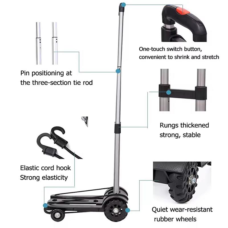 4-колесная складная тележка Тележка для покупок Продуктовая тележка Грузовая тележка Тележка для багажа Алюминиевый сплав Маленькая Легкая Складная ручная тележка